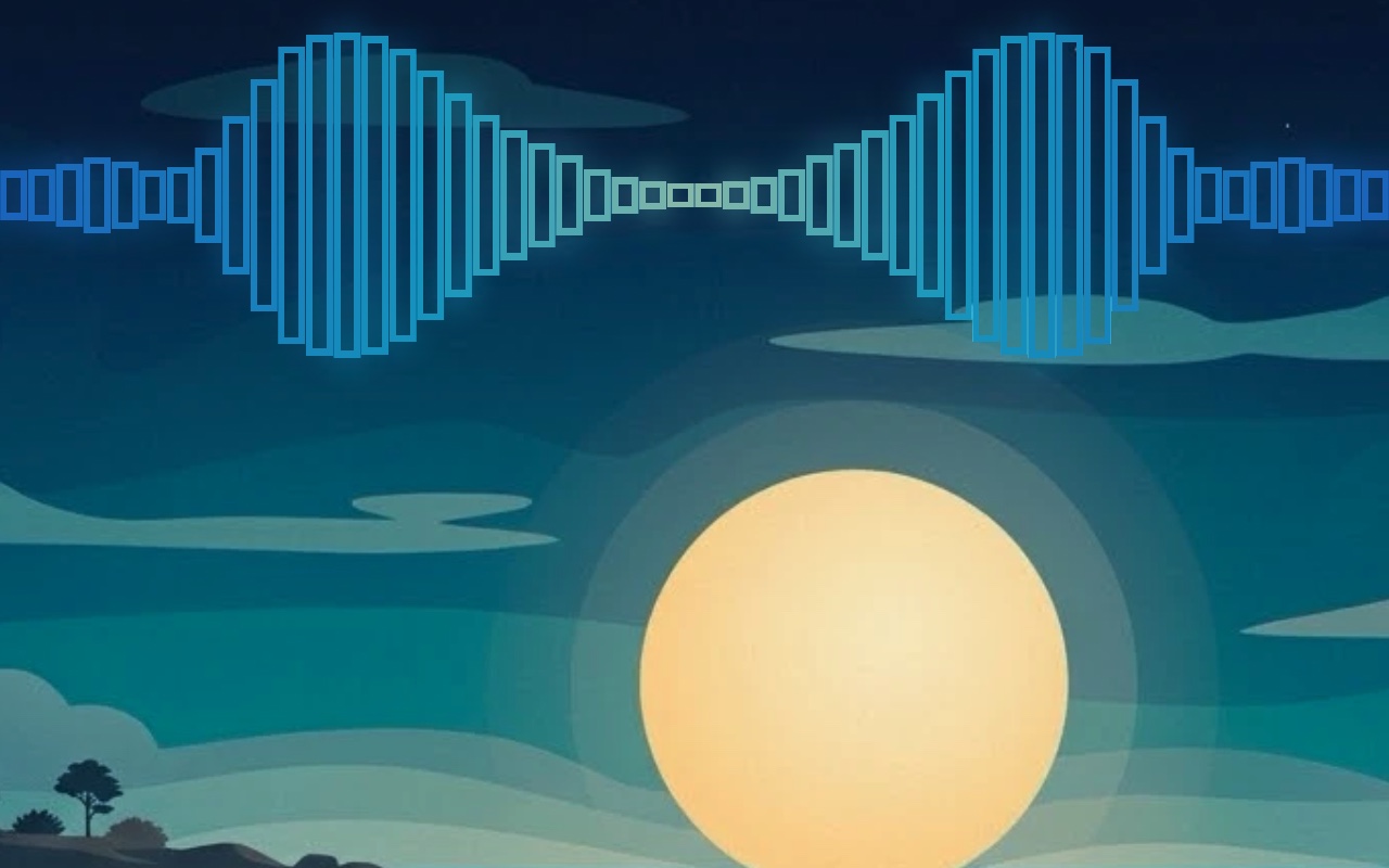 Blue frequency bars rising and falling across the sky above the moon.