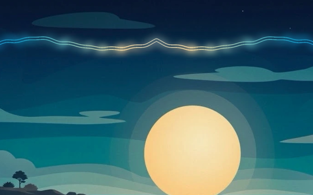 A thin glowing waveform running across a night sky above a rising moon.