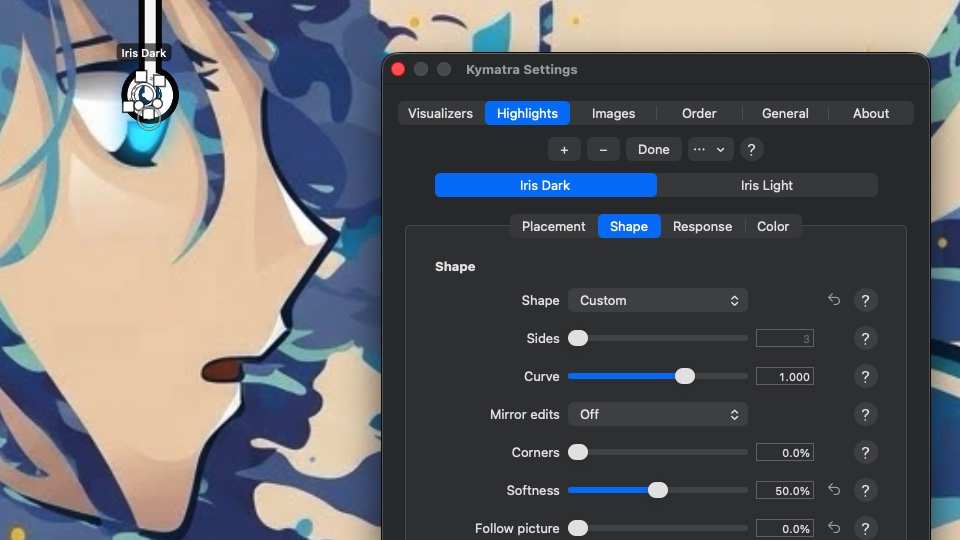 Place mode: the highlight's handles on the eye, with its shape settings open beside it.